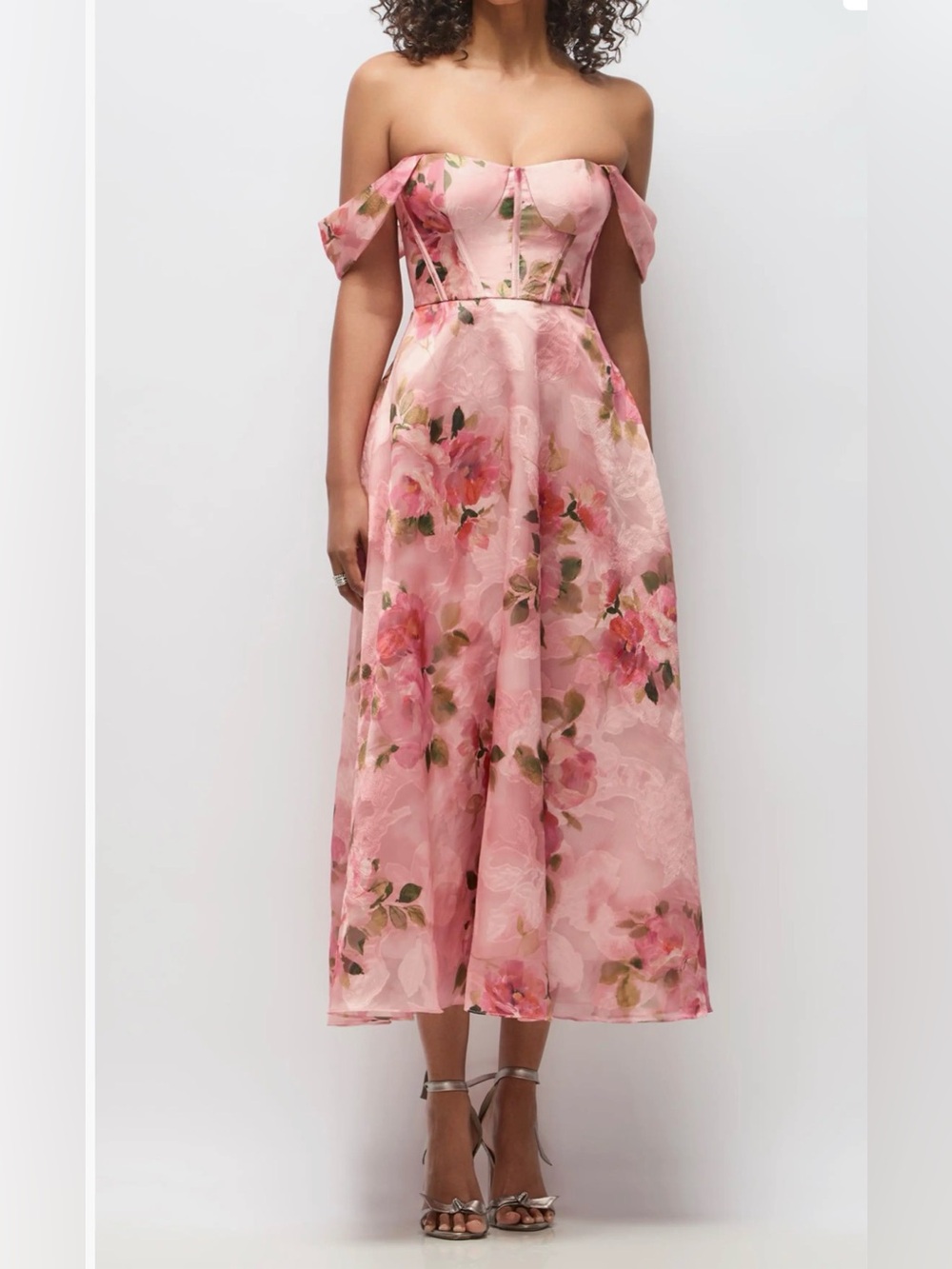 Dessy Collection Eddie Off-Shoulder Floral Midi Dress, Size 6